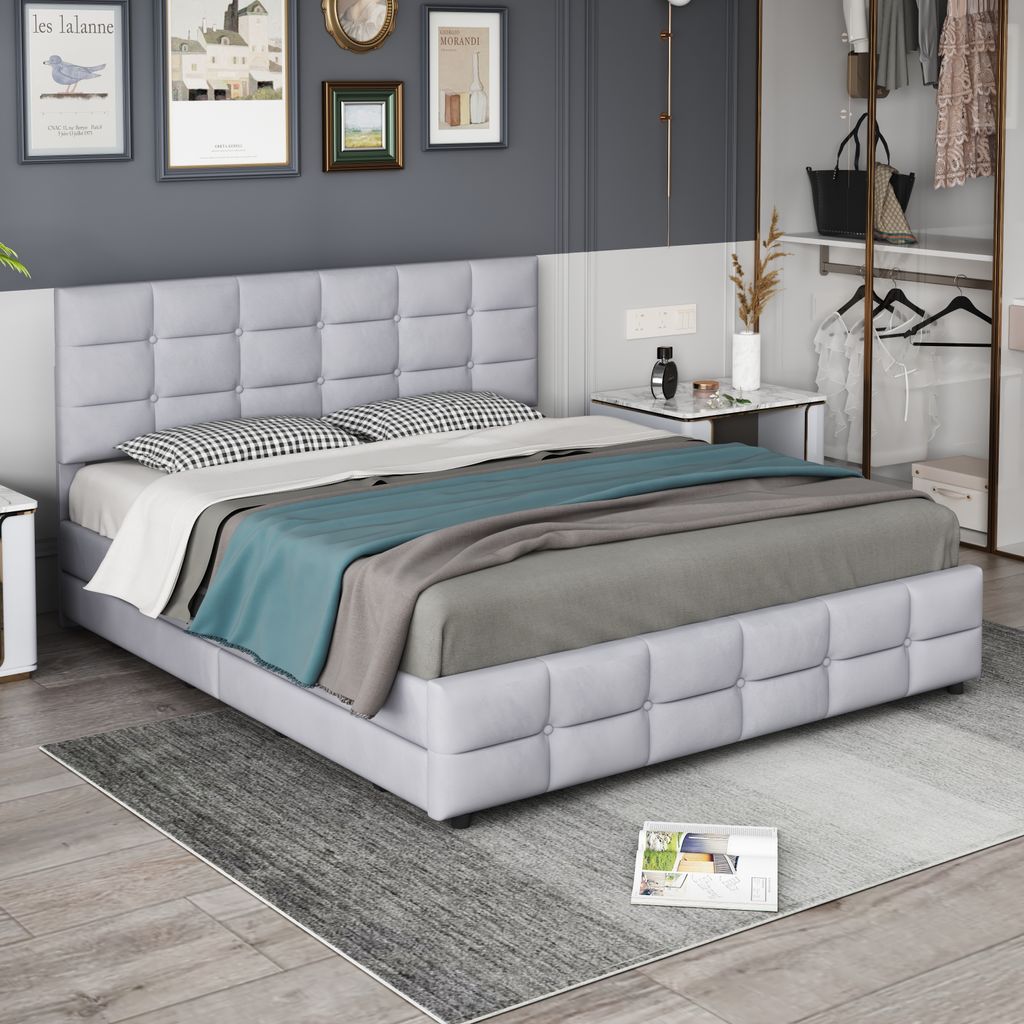 MODFU Polsterbetten 180 x 200 cm mit 4 Schubladen, Doppelbett Funktionsbett Bettrahmen(Ohne Matratze),Grau