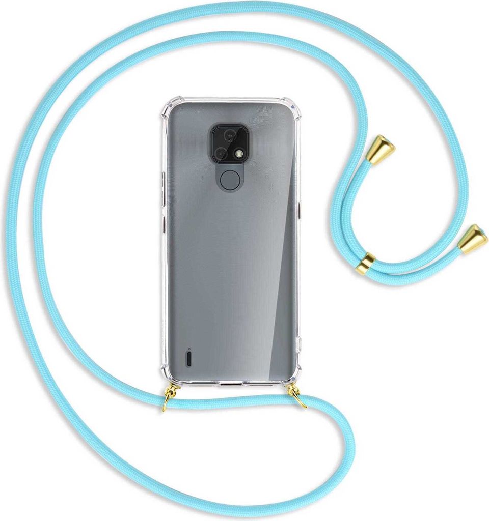 Handykette Backcover-Schutzhülle mit Band (Metall goldfarben) für Motorola Moto E7 - himmelblau