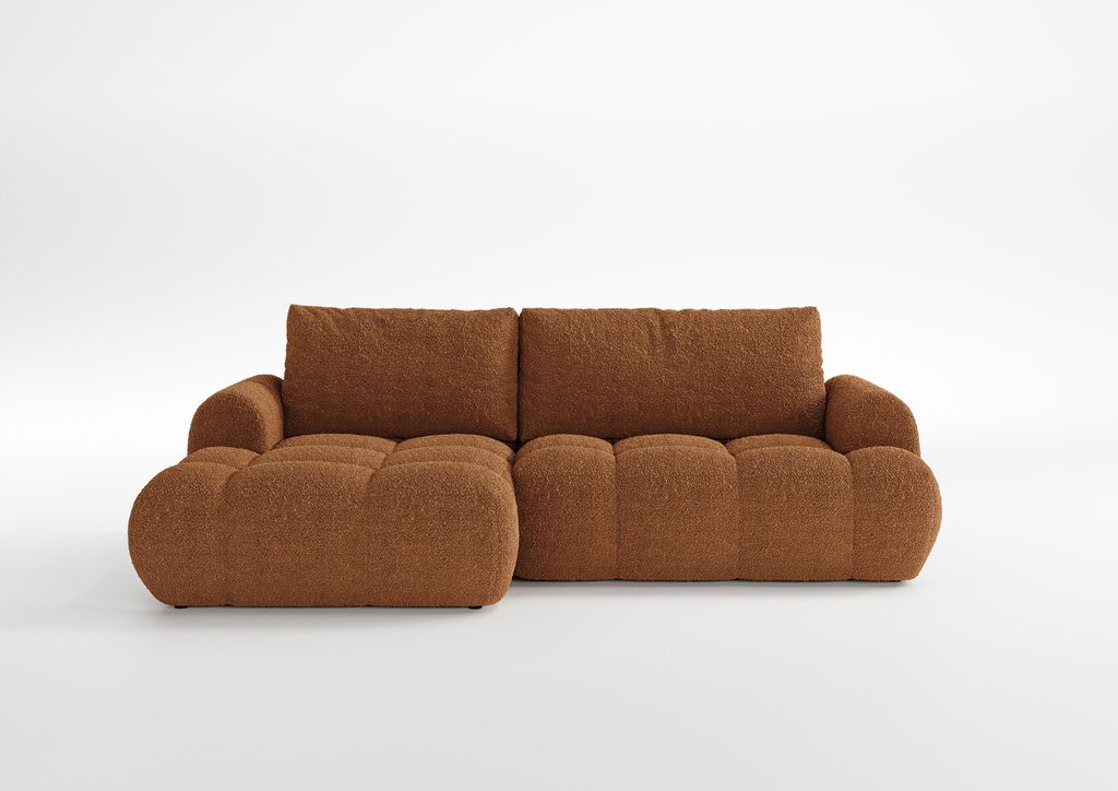 Ecksofa BALI L mit Schlaffunktion und Bettkasten, Bouclé-Stoff Coral, Gesteppte Sitzfläche, 3-Sitzer L-Form