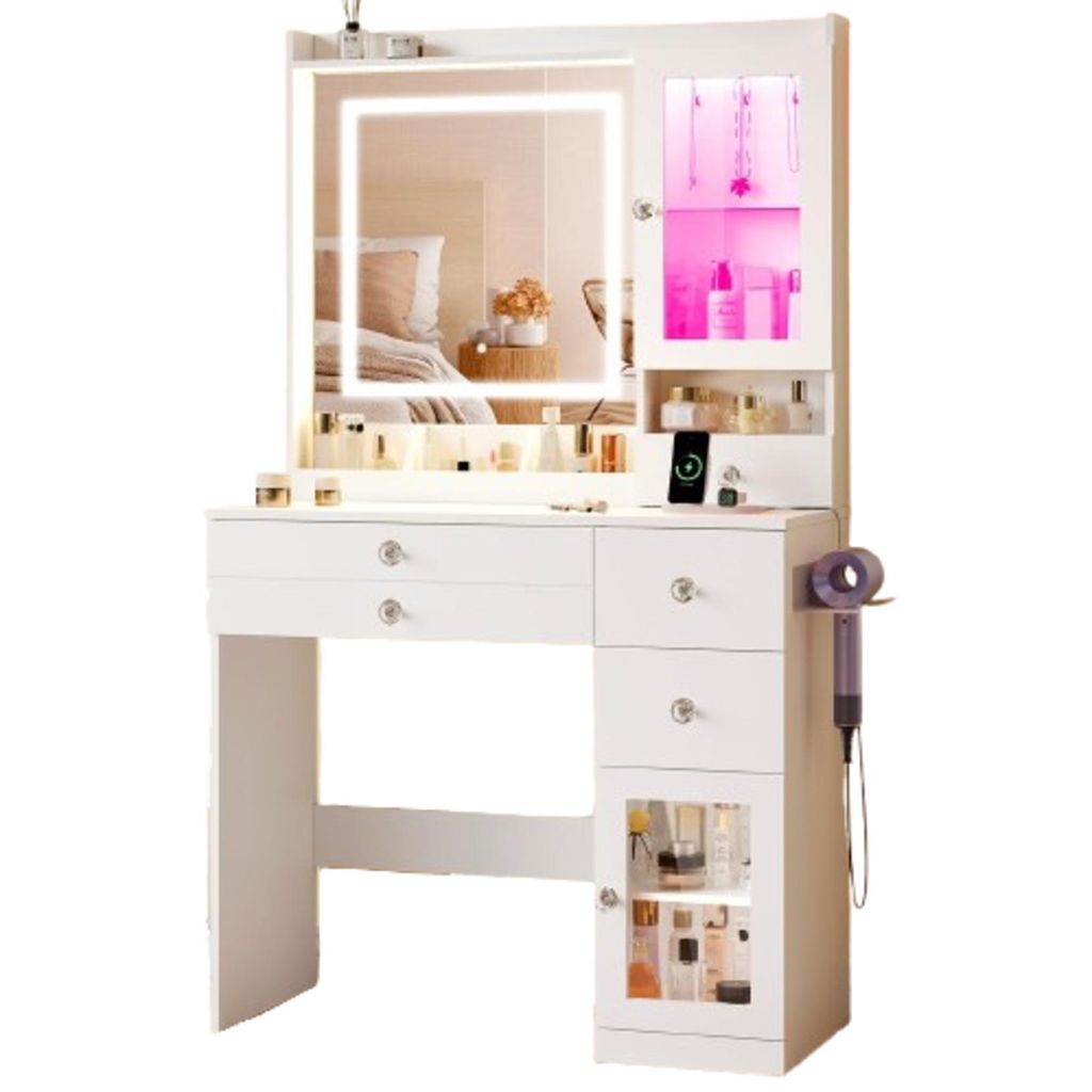 Schminktisch mit LED-Spiegel & Vitrine | 90 cm breit | USB Produktbild 