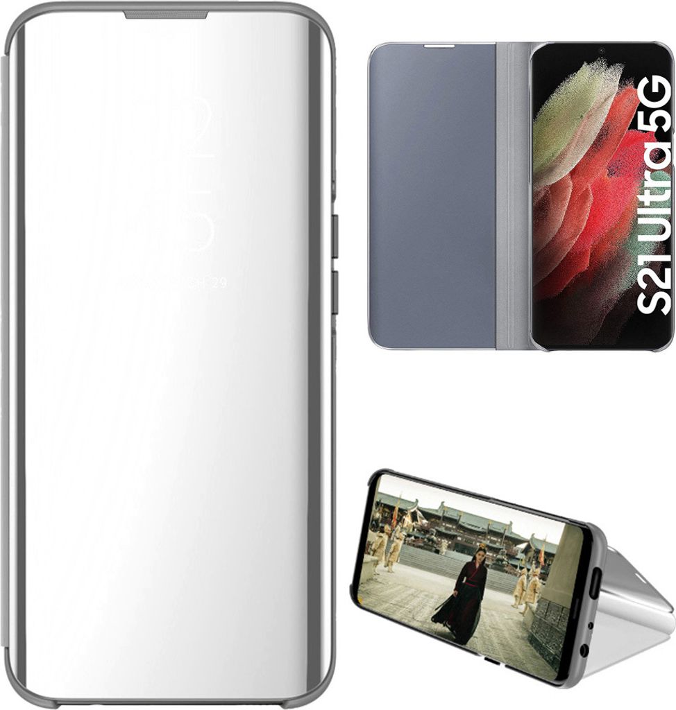 Samsung Galaxy S21 Ultra 5G Hülle, LaimTop lichtdurchlässigen Spiegel Abdeckung, Klappetui Kunstleder Schutzhülle mit Standfunktion Silber