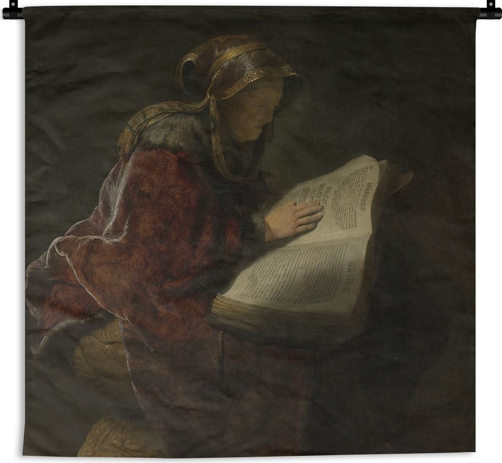 MuchoWow Wandteppich Wandbehang Alte Frau beim Lesen, wahrscheinlich die Prophetin Hanna - Gemälde von Rembrandt van Rijn 90x90 cm Tapisserie De...