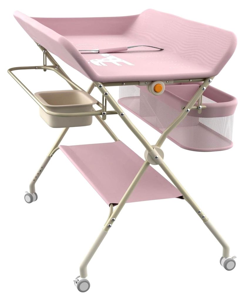 Faltbarer Wickeltisch, 0 – 36 Monate, mobiler Wickeltisch mit seitlichem Korb und Hängestange, Höhenverstellung mit 5 Stufen – Rosa