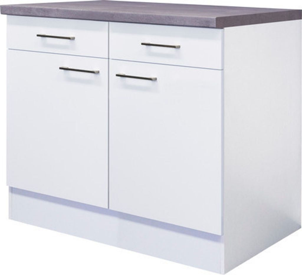 A white kitchen cabinet with a gray countertop and chrome handles.