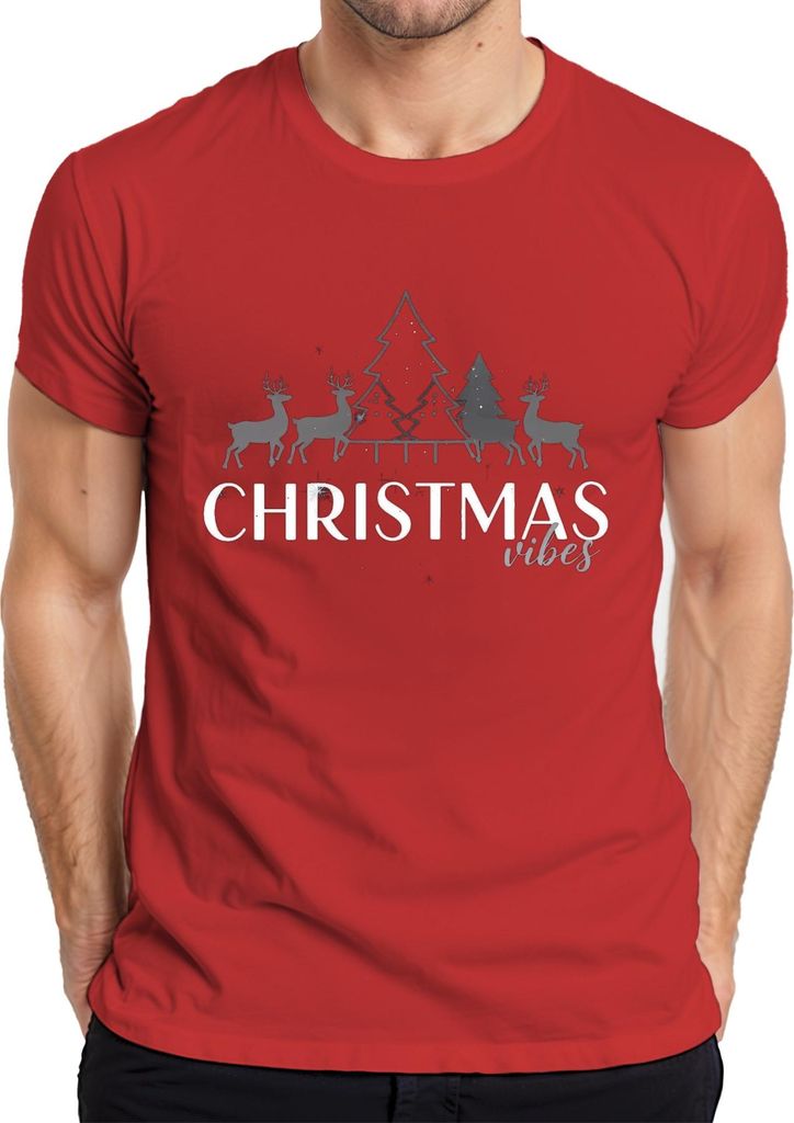 CHRISTMAS vibes Weihnachten Rentiere Tannenbaum Schneeflocken Herren T-Shirt, Rot, XXL