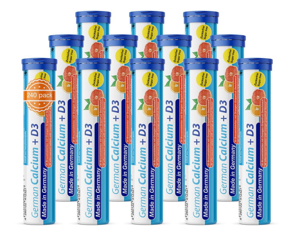 German Calcium + D3 Brausetabletten 12x20 Stk. Orangen-Grapefruit Geschmack Zuckerfrei - 500 mg Kalzium, 2,5 μg Vitamin D3 - T&D Pharma – Germany