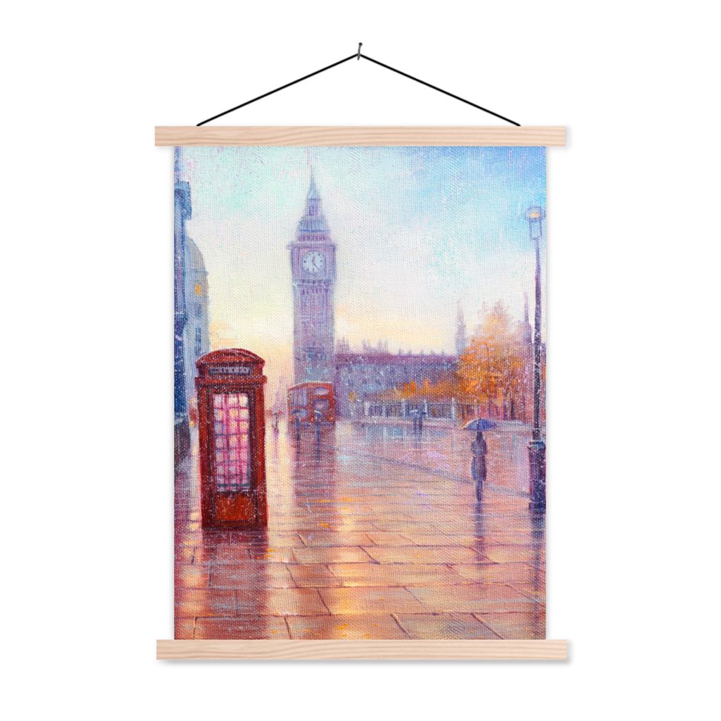 MuchoWow Textilposter Malerei - Ölgemälde - London - Telefon 60x80 cm mit holzfarbenen Rahmen - Wandbild