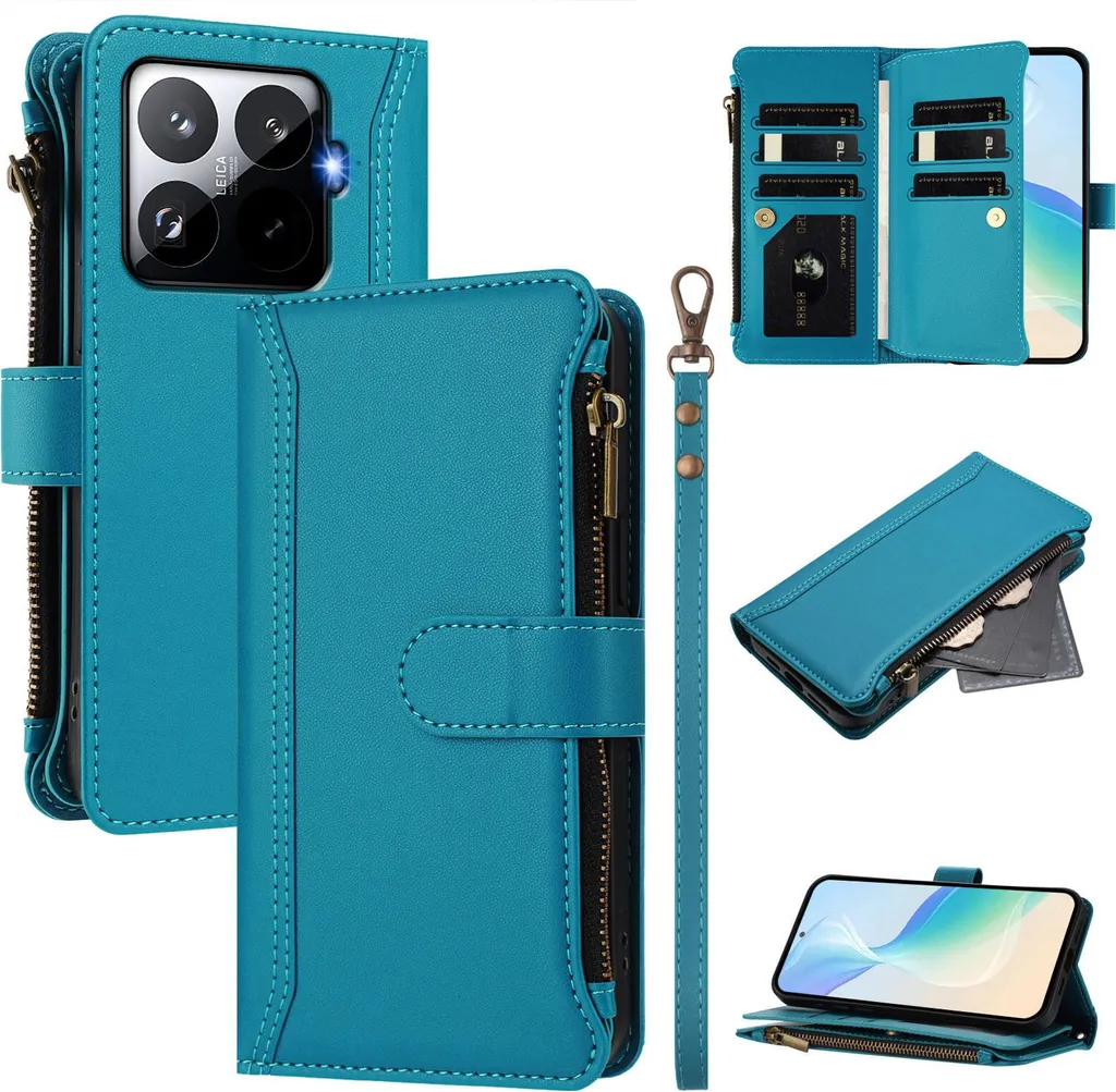 Custodia per Xiaomi 15T Pro, con cerniera, portafoglio in Finto cuoio flip con tasche per carte, supporto e passante per mano Lake blu