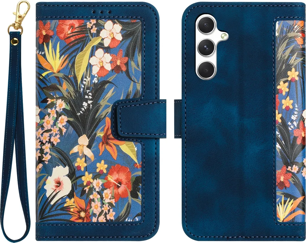 Custodia Protettiva Samsung A56 A36 5G Blu Scuro Floreale in PU