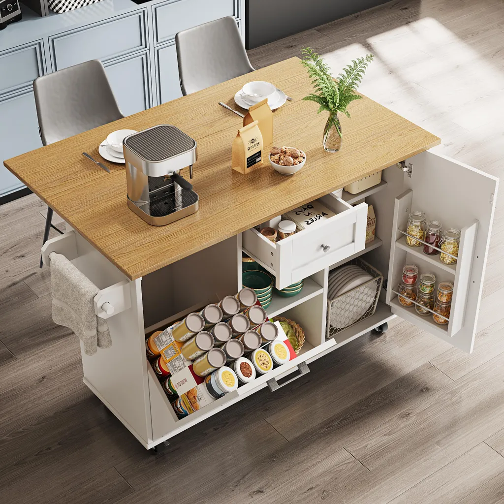 Fortuna Lai Îlot de Cuisine Blanc avec Rangement Poubelle Intégré
