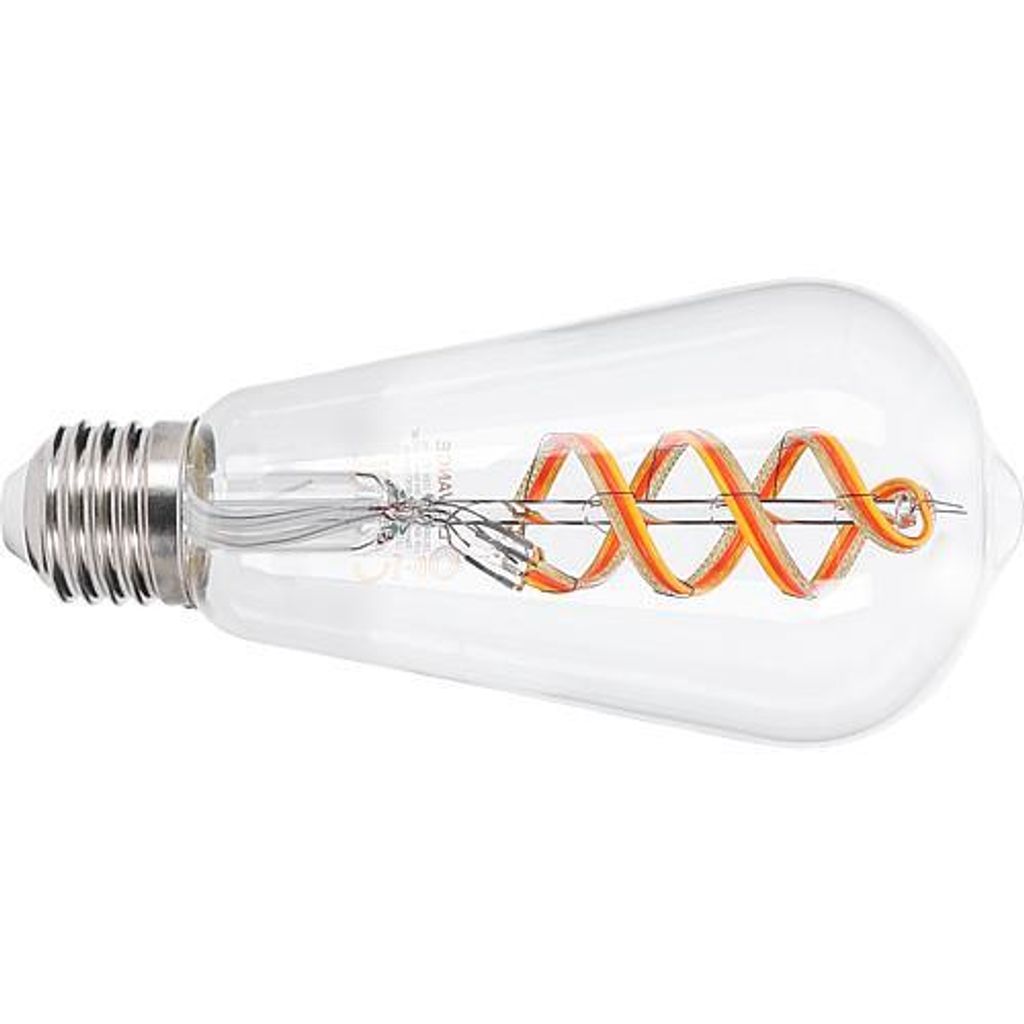A clear, studio shot of an LED filament light bulb.