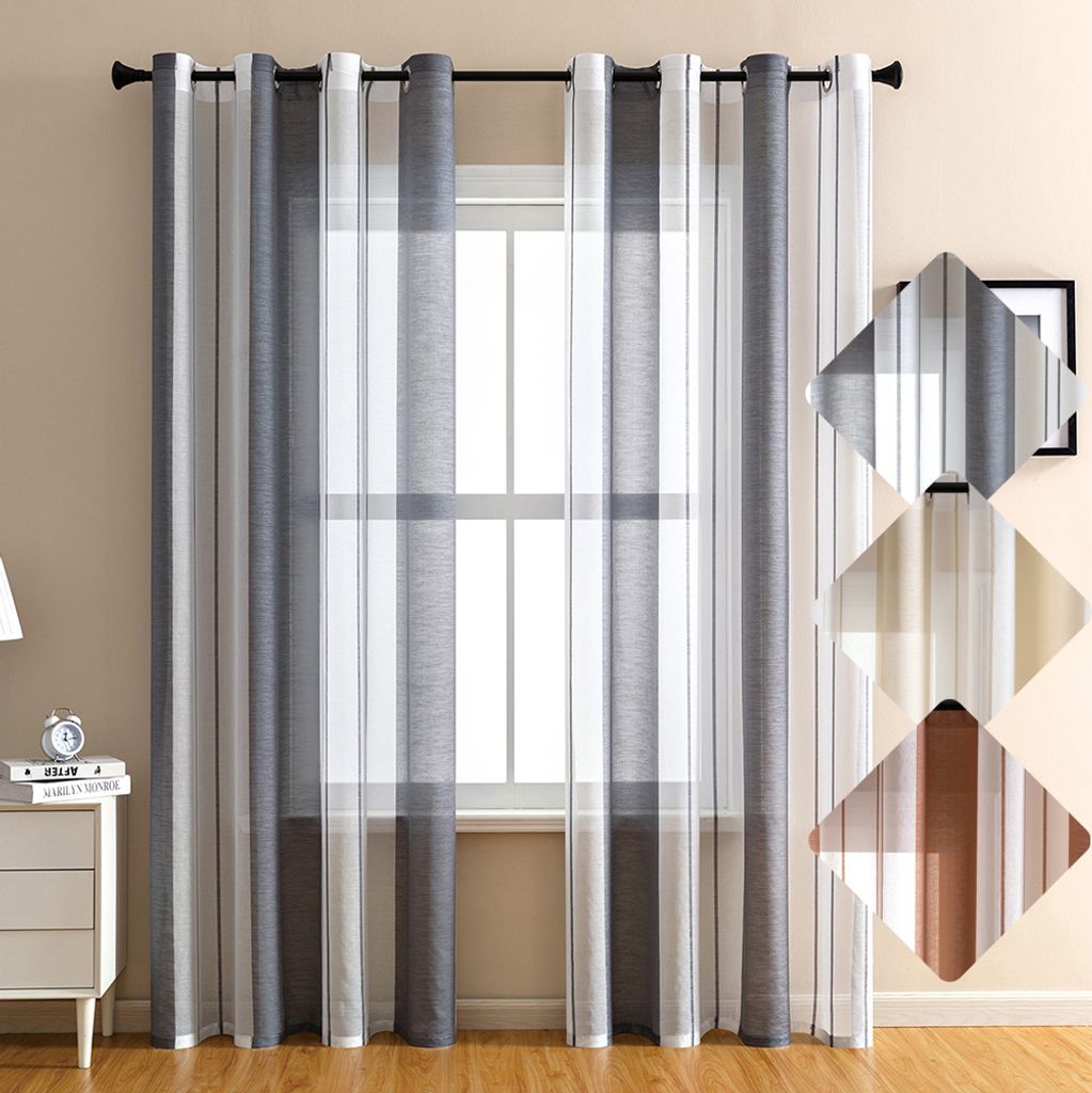 A set of striped sheer curtains hanging on a window rod, with smaller inset images showing different color variations of the curtains.