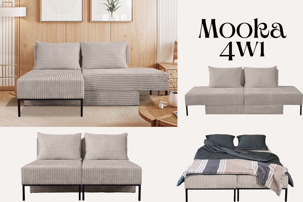 Kaiser Möbel Ecksofa mit schlaffunktion, Ecksofa, Betten, Liegestuhl, MOOKA 4in1-Multifunktions-System, stoff Velo Beige Links