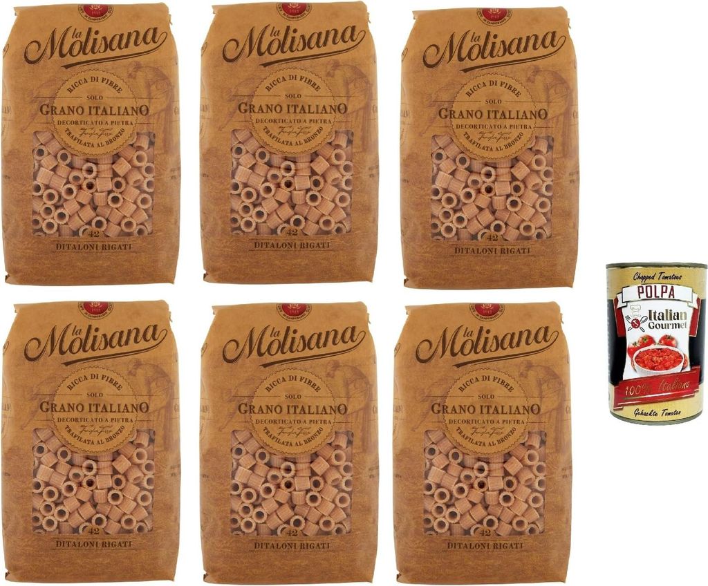 6x Pasta La Molisana Ditaloni Rigat n.42 Integrale Vollkornnudeln Kurze Nudeln, NUR italienischer Weizen - 500g + Italian Gourmet P0lpa 400g