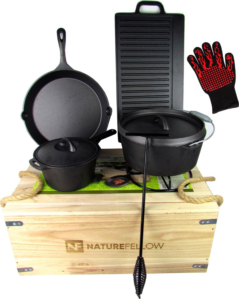 10-teiliges Dutch-Oven-Set in einer Holzkiste – Gusseisen – bereits eingebrannt – viel Zubehör – inkl. Grillhandschuh