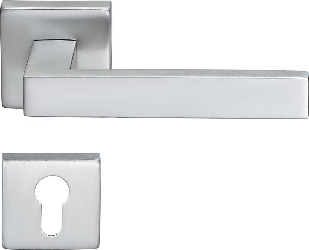 A silver-colored door handle set with a keyhole escutcheon plate, presented on a white background.