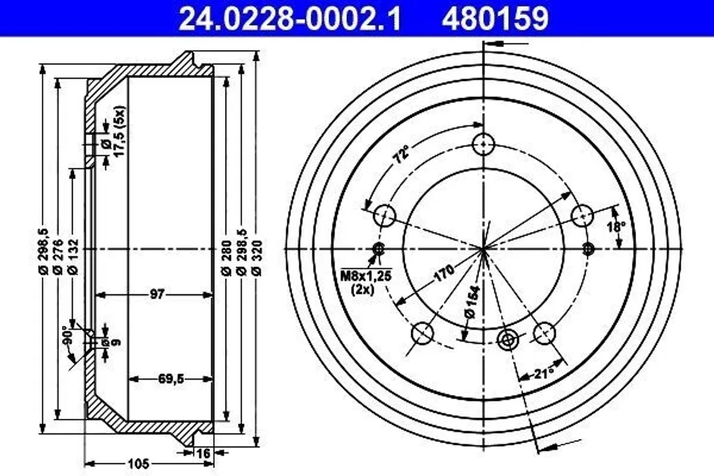 Tambour de frein ATE 24.0228-0002.1 pour Movano X70 - OE 45 00 099