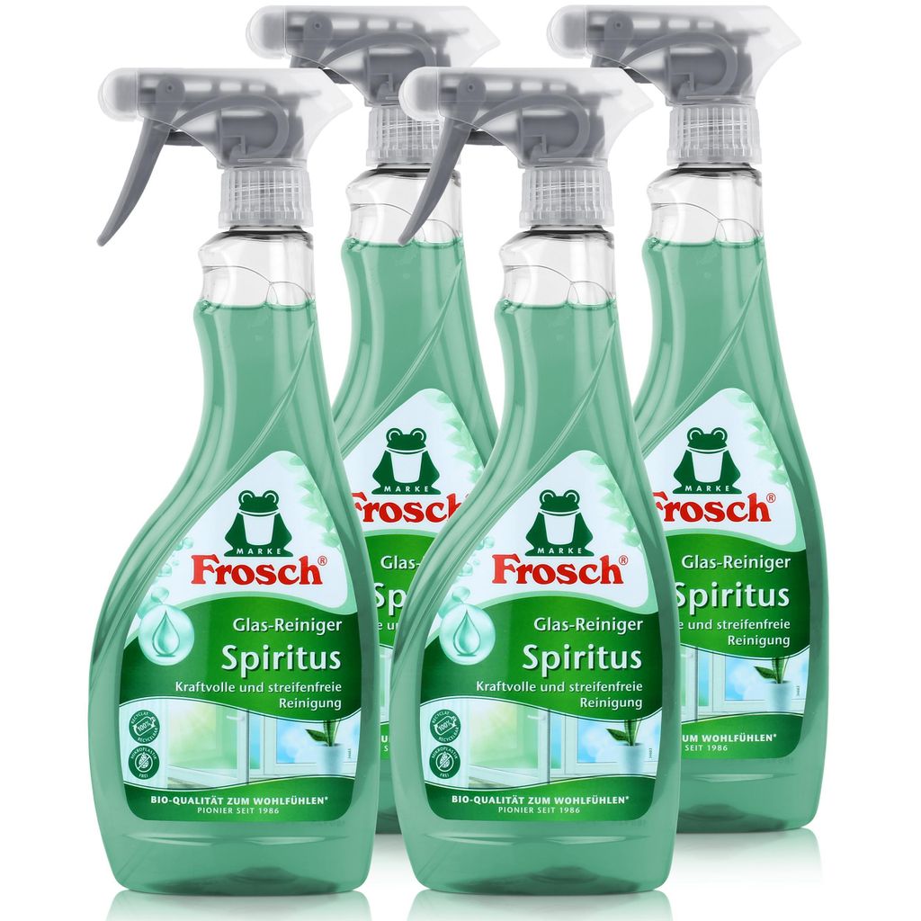 Four bottles of Frosch Spiritus Glass Cleaner are arranged in a group against a white background.