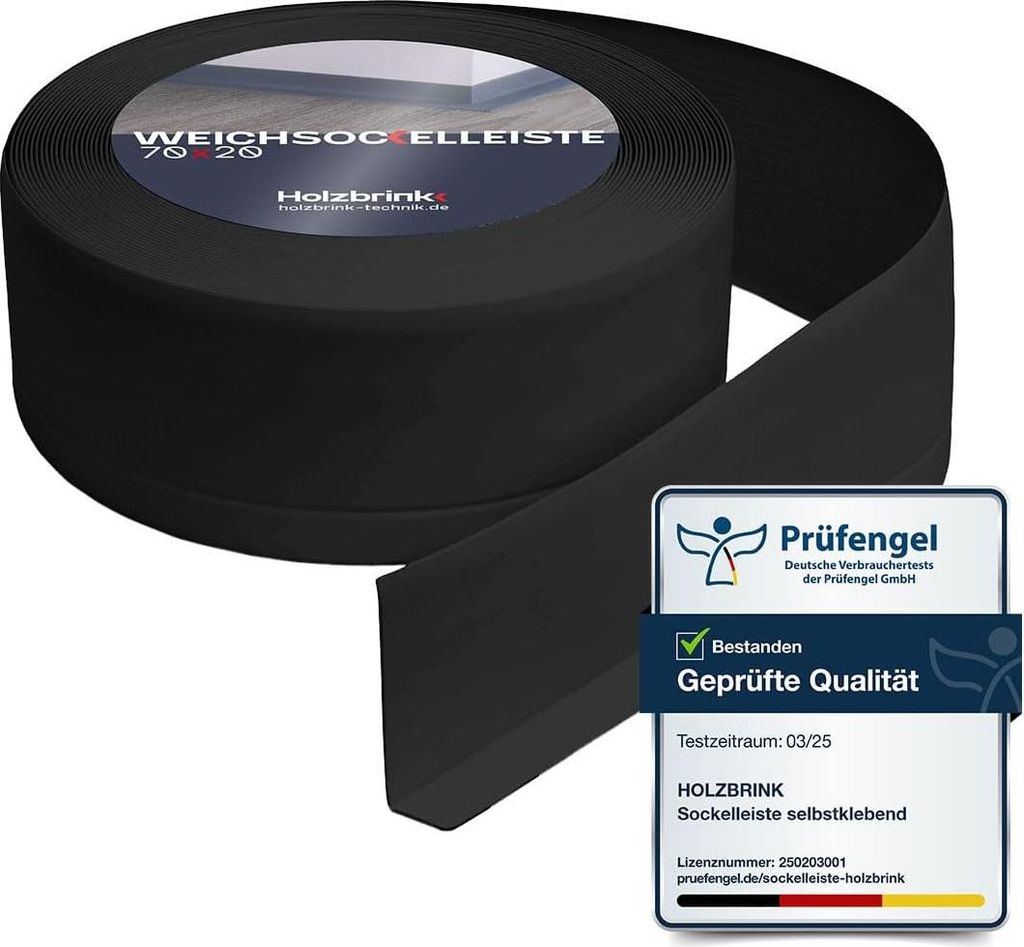 HOLZBRINK Weichsockelleiste PVC 70x20mm, 20 m | Winkelleiste ohne Klebestreifen für Kantenschutz Wand | Sockelleisten Ecken | Farbe: Schwarz