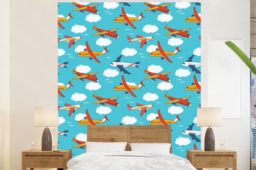 MuchoWow Fototapete für Wohnzimmer oder Schlafzimmer Wandtapete Vinyl Motivtapete Muster - Flugzeug - Wolke - Luft - Junge - Kind - Kinder - Kin...