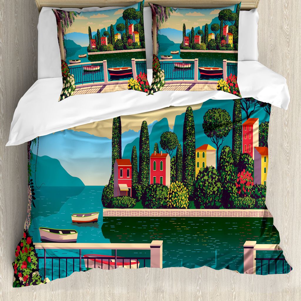 ABAKUHAUS Reise Bettbezug Set für Einzelbetten, Mittelmeer Romantische Szene, Milbensicher Allergiker geeignet mit Kissenbezug, 200 cm x 200 cm - ...