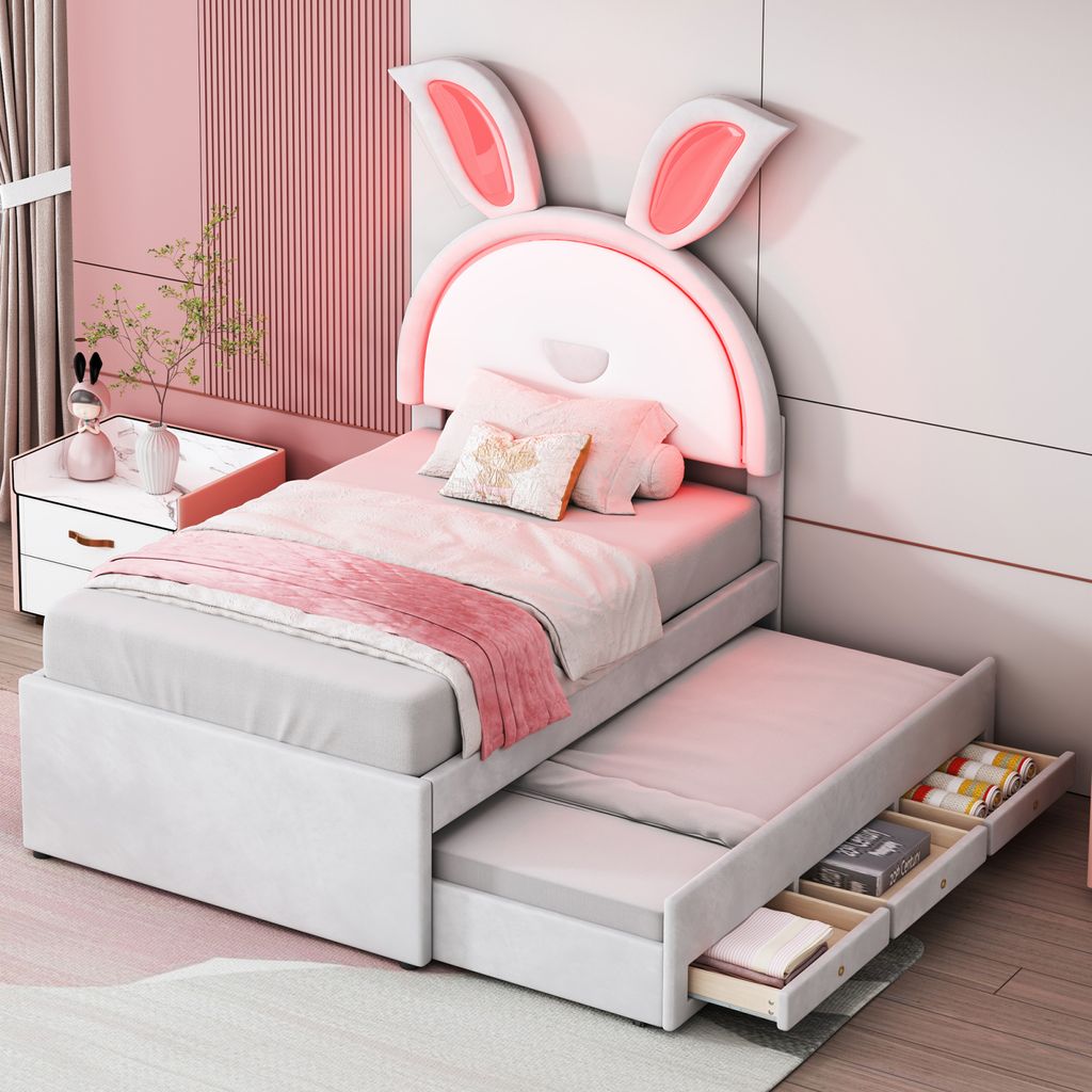 Fortuna Lai Polsterbett 90 x 200 cm,Multifunktionales gepolstertes Einzelbett-Schlafsofa mit ausziehbarem Bett, Kinderbett, Stauraumschublade und f...
