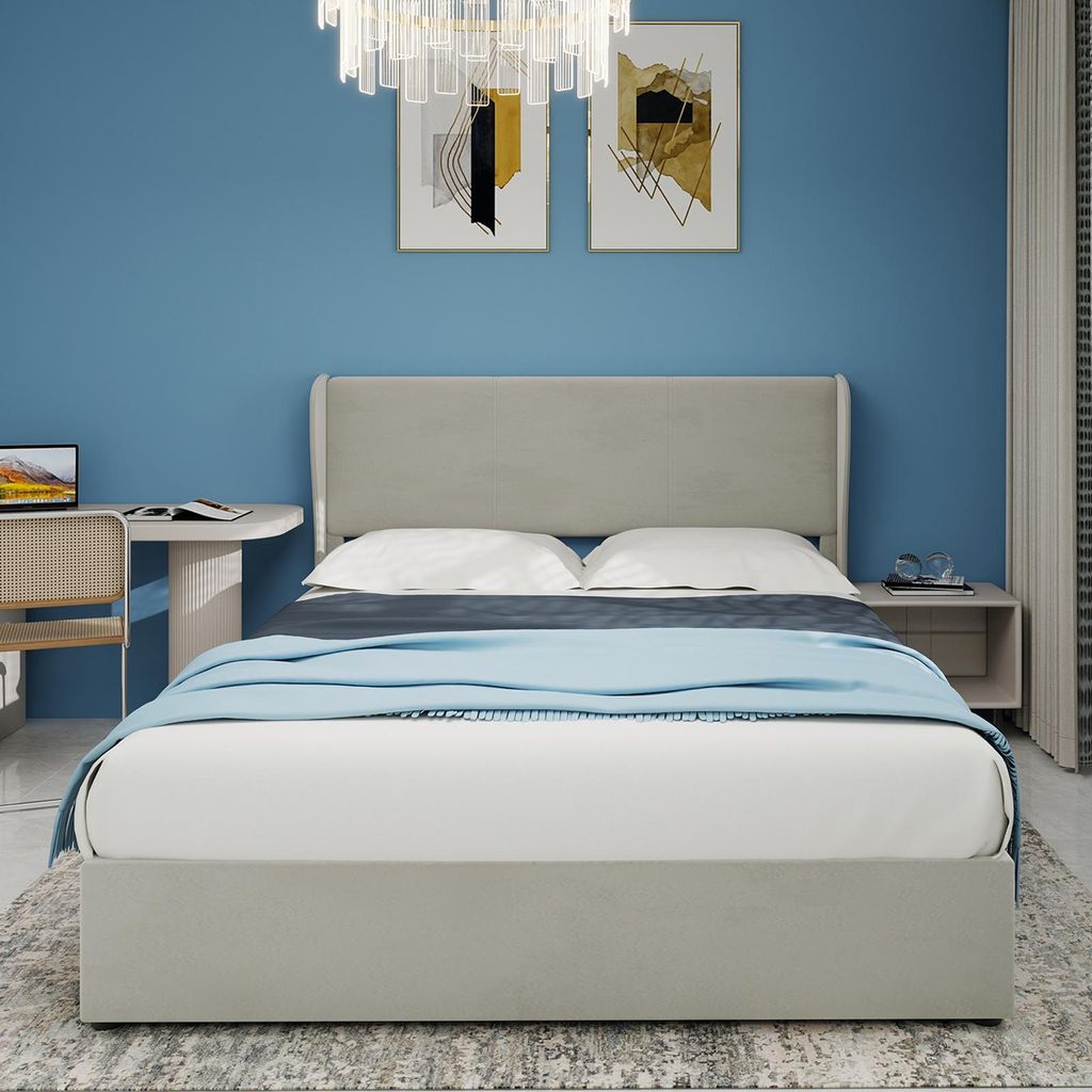 Sweiko Modern Minimalist Upholstered Bed, 160x200 cm, Beige, Multi-Functional Bedroom Furniture with Soft and Comfortable Headboard, High-Profile S...