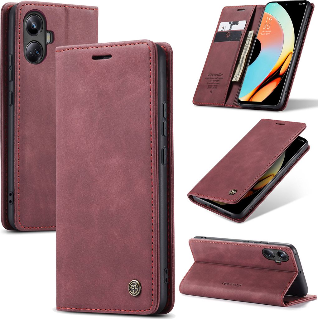 Realme 10 Pro+ Hülle, Retro Kunstledertasche mit Standfunktion Schutzhülle für Realme 10 Pro+ Rot