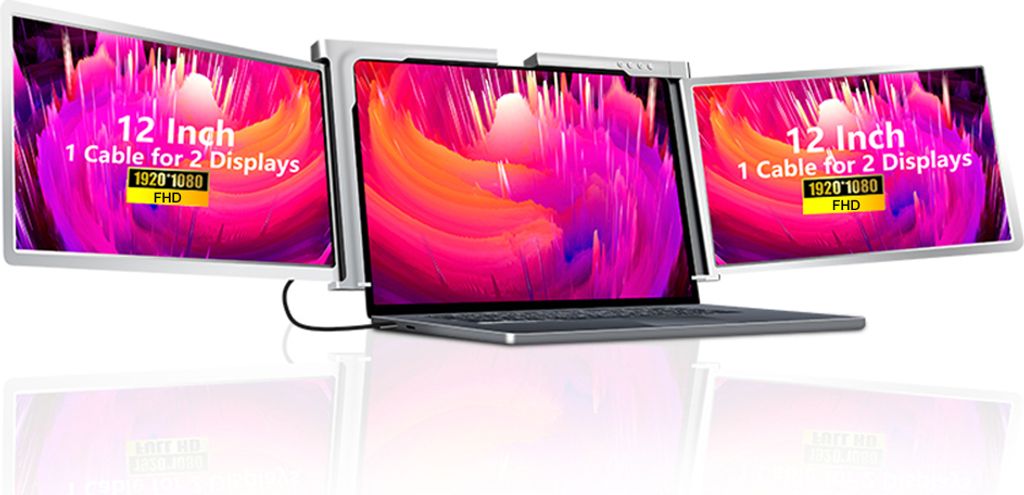 12-Zoll-Laptop-Erweiterungsbildschirm FHD Tragbarer Tri-Screen-Monitor mit 1 Kabel fuer 2 Displays fuer Windows, MacOS fuer 13,3-16,5-Zoll-Laptops
