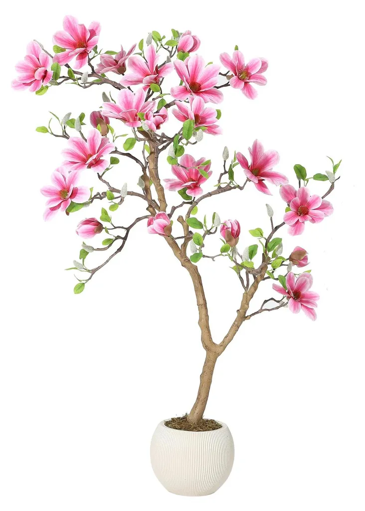 Magnolia synthétique réaliste 120 cm - Fleurs roses et finitions premium
