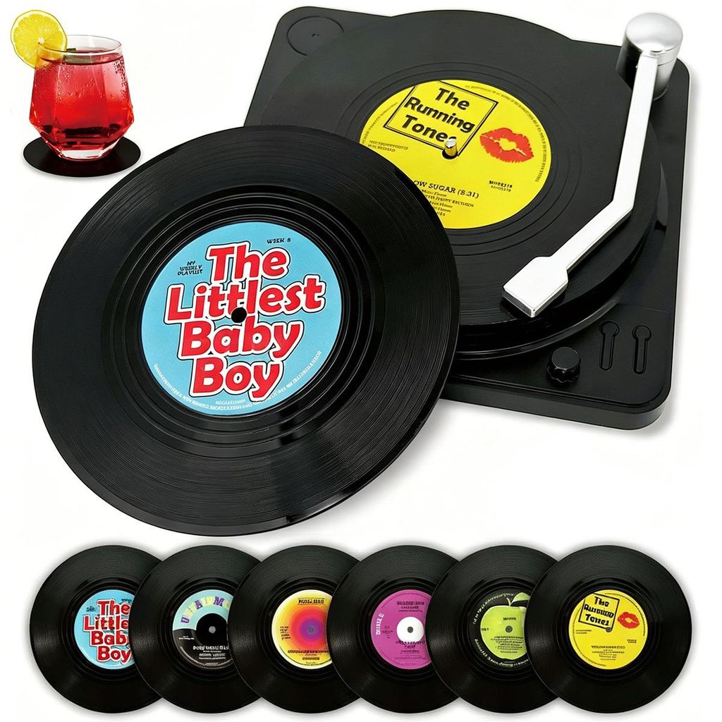 Retro Untersetzer 6er Set Vinyl Design, Glasuntersetzer mit Halter, rutschfest & hitzebeständig, für Kaffee, Bier & Tee, Küche & Büro