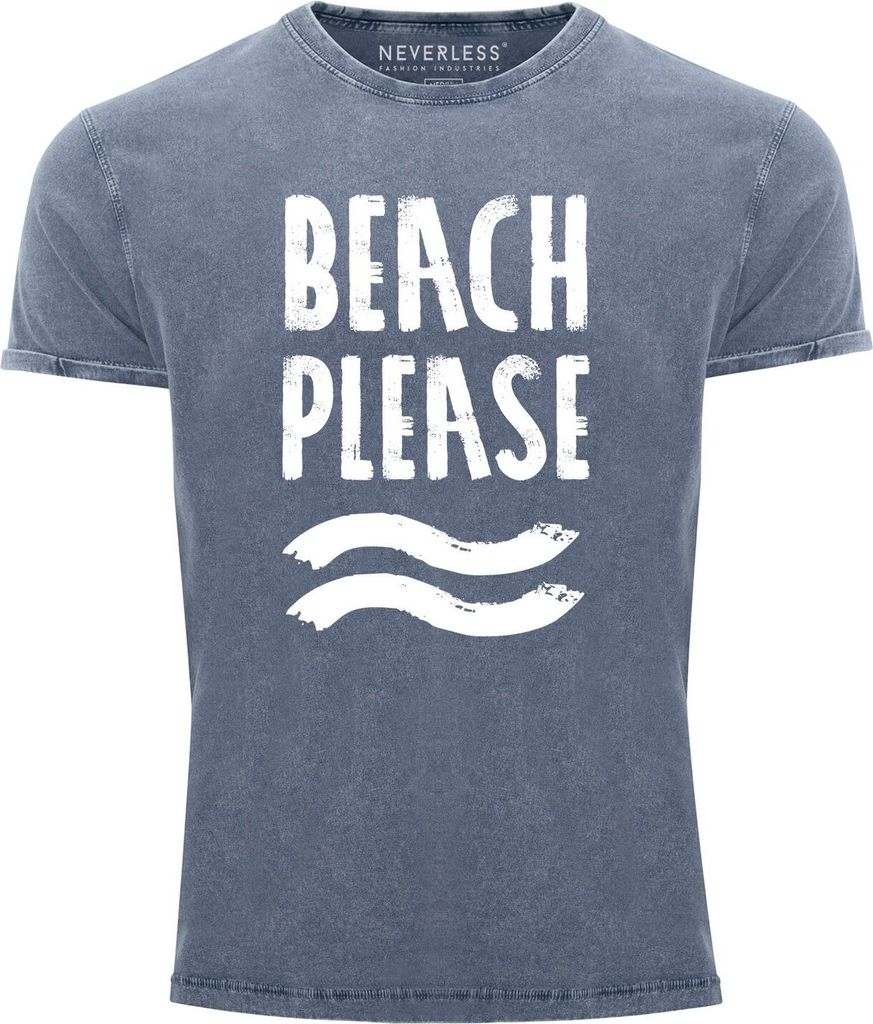 Cooles Angesagtes Herren T-Shirt Vintage Shirt Beach Please Urlaub Strand Aufdruck Used Look Slim Fit Neverless blau 3XL