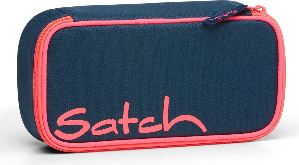 A navy blue pencil case with pink trim and the brand name 'Satch' in pink lettering.
