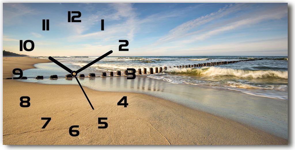 Wanduhr aus Glas – 60x30 cm - Glasbild - Glasuhr - Gehärtetes Glas - schwarze-zeiger - Strand an der Ostsee