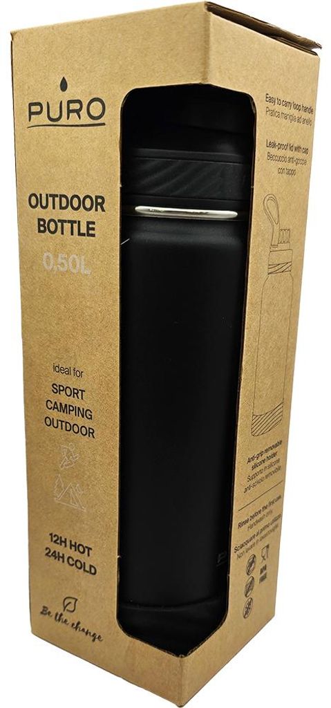 PURO WB500OUTDOORDW1BLK, 500 ml, Tägliche Nutzung, Wandern, Sport, Schwarz, Silikon, Edelstahl, Nero, Erwachsener