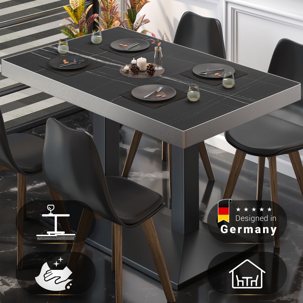 BPA | Bistro Tisch | 120 x 70 x 81 cm | Rechteckig | Edelstahl Rand | Schwarz Marmor/ Schwarz | Bistrotisch Gastro Tisch