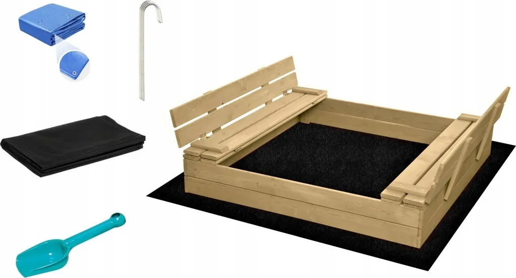 SAND TROPIC Bac à sable en bois 120x120 cm naturel avec bancs intégrés