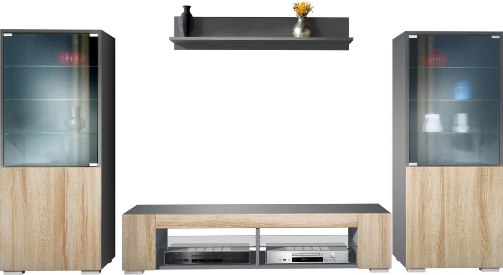 Vladon Wohnwand Nevada V2, Anbauwand bestehend aus 2 Vitrinen, 1 TV-Board und 1 Wandregal Anthrazit matt/Eiche sägerau (304,5 x 141 x 39 cm)