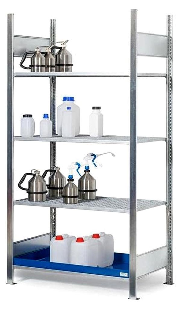 Regal Grundfeld für Gefahrstoffe, 1060 mm x 2000 mm x 437 mm, Silber/blau, zur Lagerung von Kleingebinde, 4 Ebenen, mit Auffangwanne aus Stahl und...