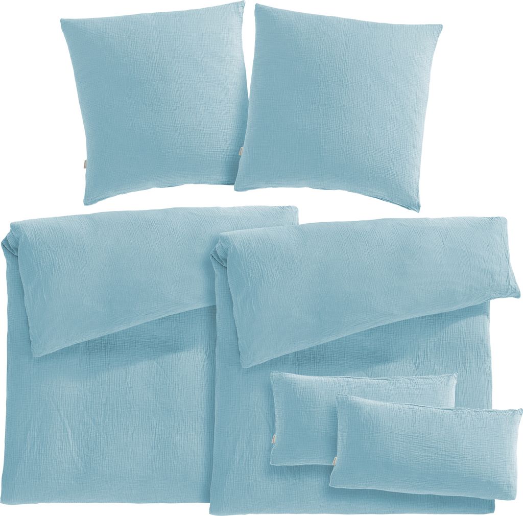 Pure Label Musselin Bettwäsche 6teilig bestehend aus Bettbezug 135 x 200 2er Set + 80x80 Kissenbezug 2er Set + 40x80 Kissenbezug 2er Set in blau