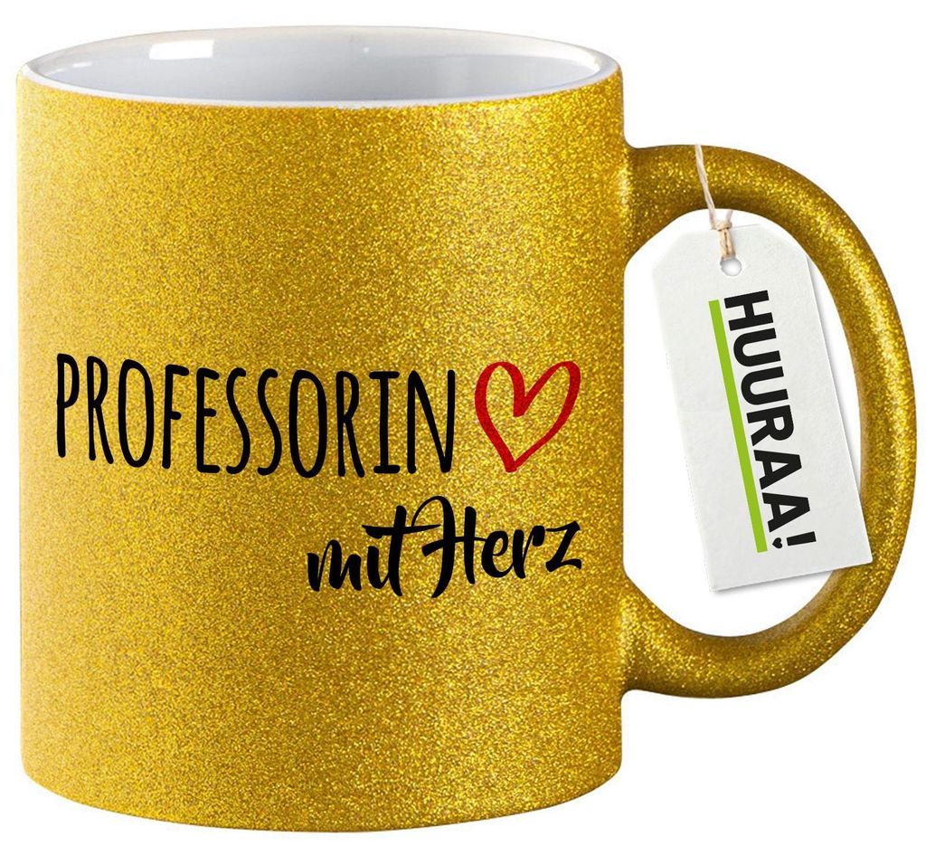 Huuraa Glitzertasse Professorin mit Herz 330ml Gold Keramik Kaffeebecher Geschenkidee