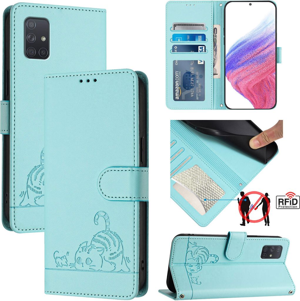 Leder Hülle für Samsung Galaxy A71 4G Süße Katze Flip Case Brieftasche Schutzhülle mit Standfunktion hellgrün