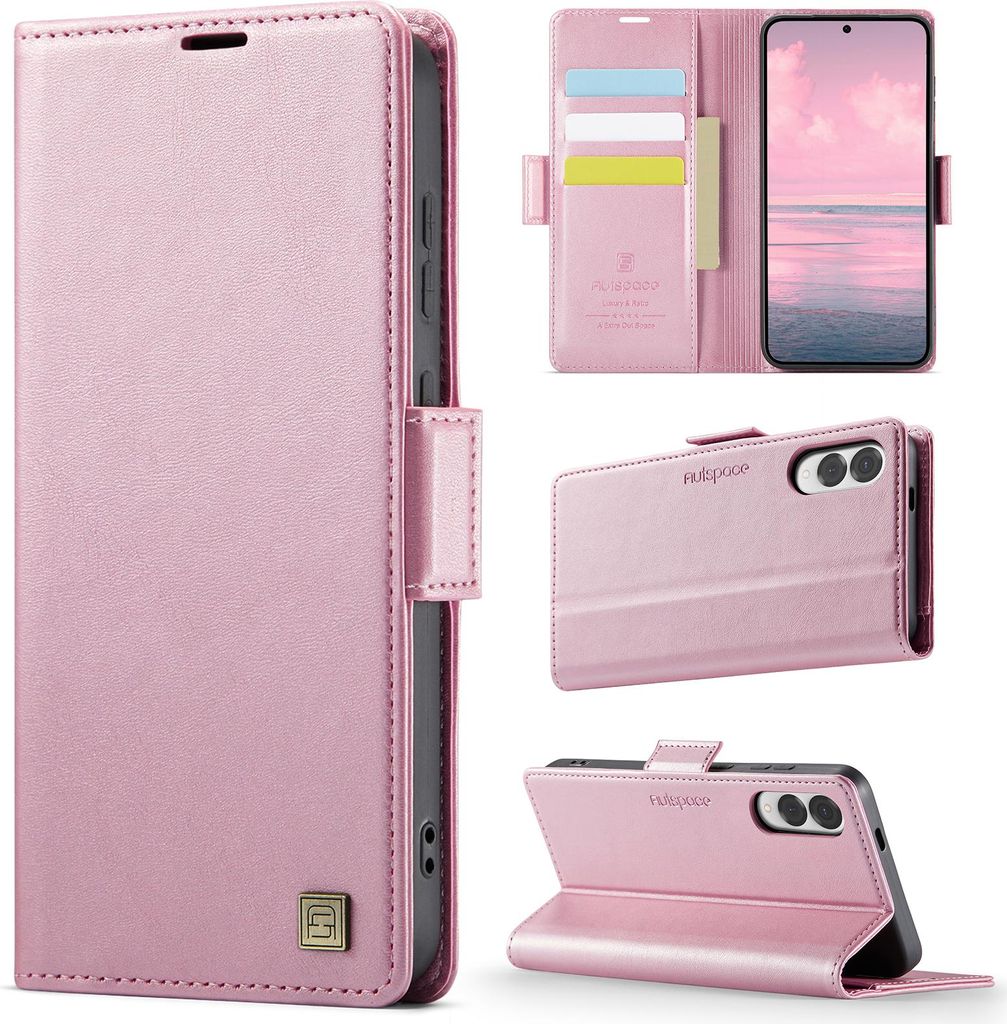 Lederhülle für Samsung Galaxy S25 Edge, RFID Schutz Handyhülle mit Magnetverschluss, Kartenfächern und Ständer Pink