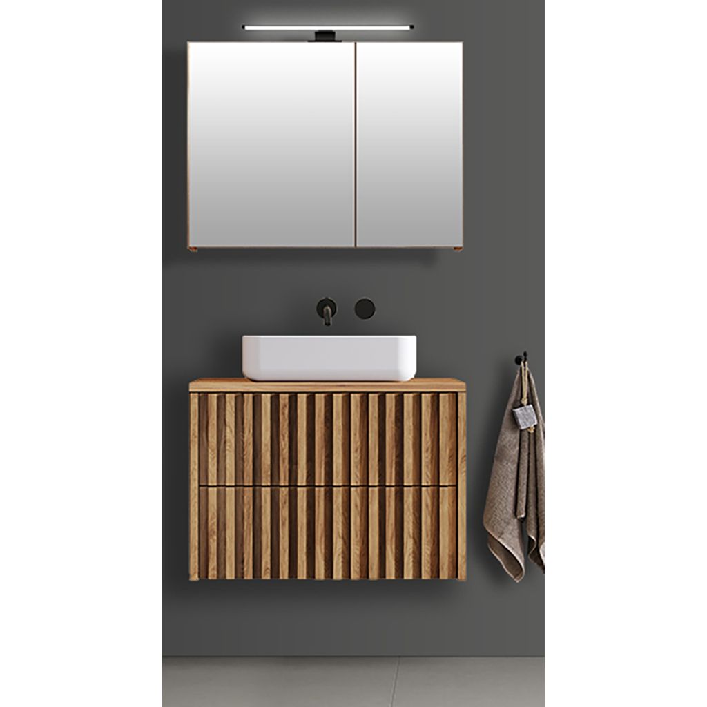 Badmöbel Set modern 2-teilig Eiche Desio-107 LED Spiegelschrank, Keramik Waschbecken