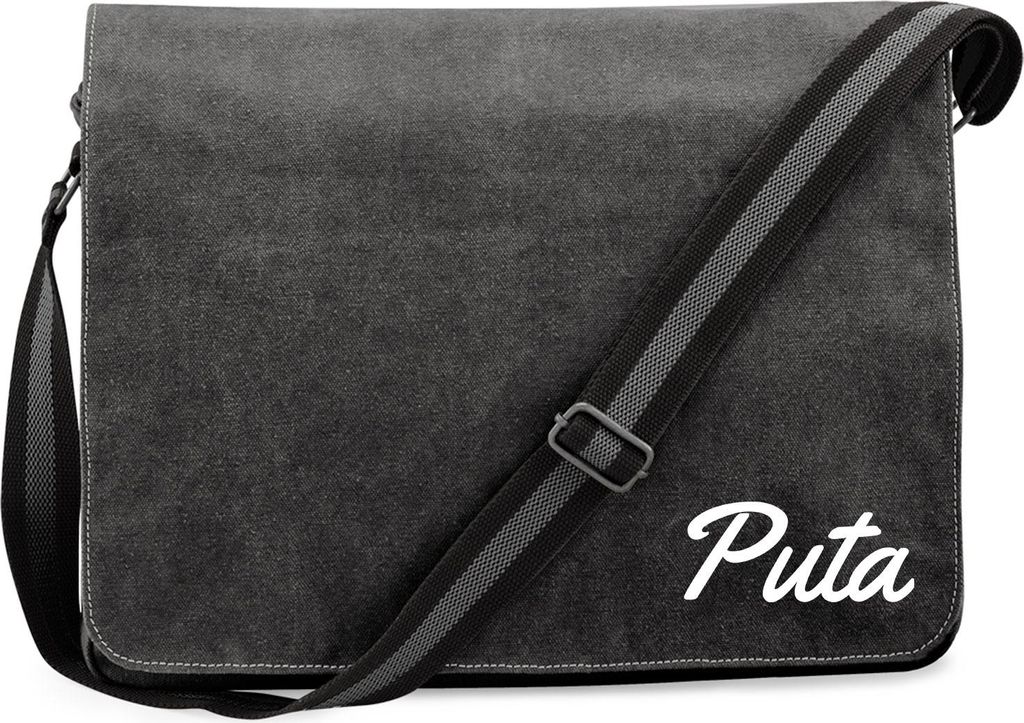 Huuraa Umhängetasche Puta spanisch Schriftzug 14 Liter Black Canvas Laptoptasche Geschenkidee