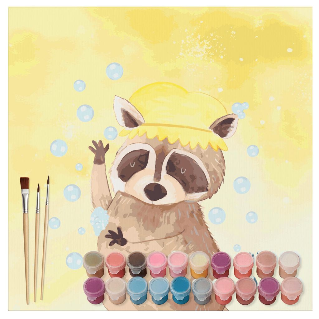 Mr. & Mrs. Panda Malen nach Zahlen Waschbär Motiv 40 x 40 cm Mit Rahmen - Gelb Pastell - Geschenk, Fröhlich, DIY, Bild, set, Waschen, Lustige Spr...