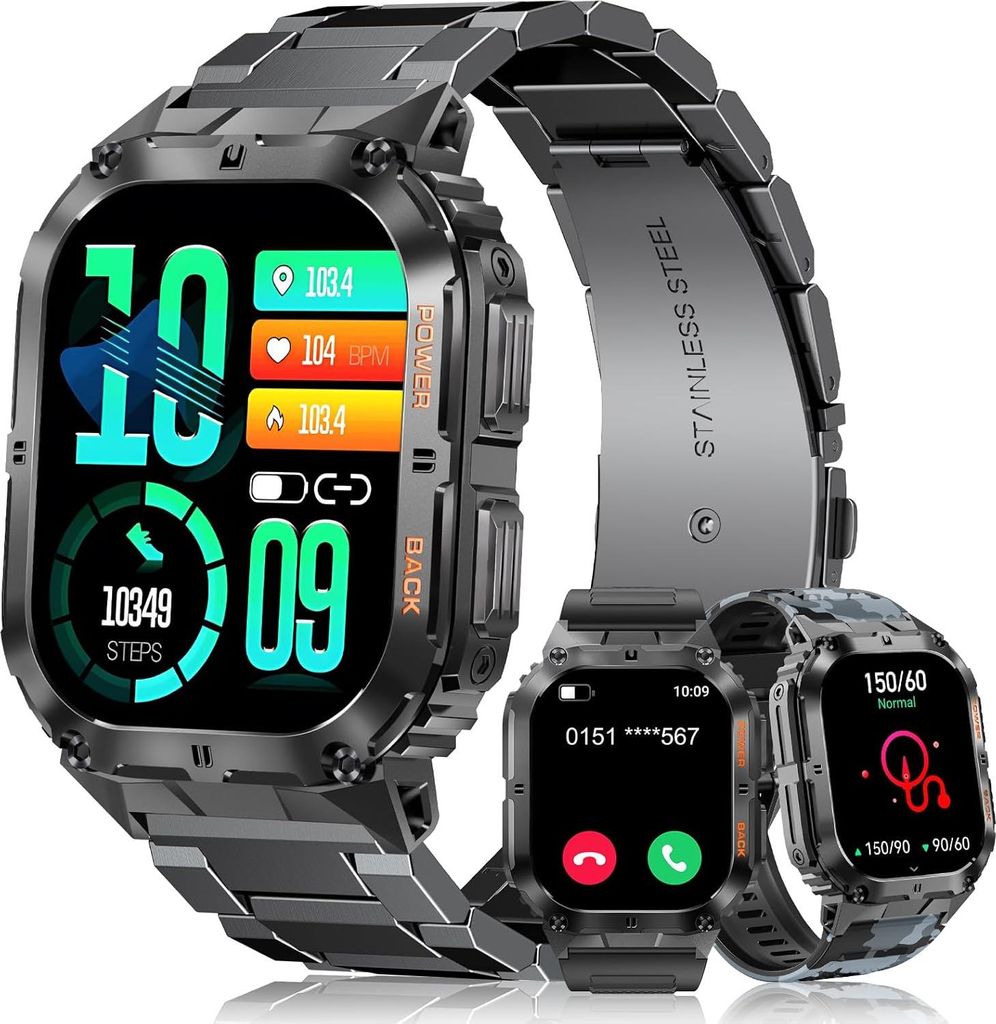 MEGALITH Herren Smartwatch 1.96" AMOLED mit Telefonfunktion 110 Sportmodi Herzfrequenz & Blutdruck IP68 wasserdicht lange Akkulaufzeit