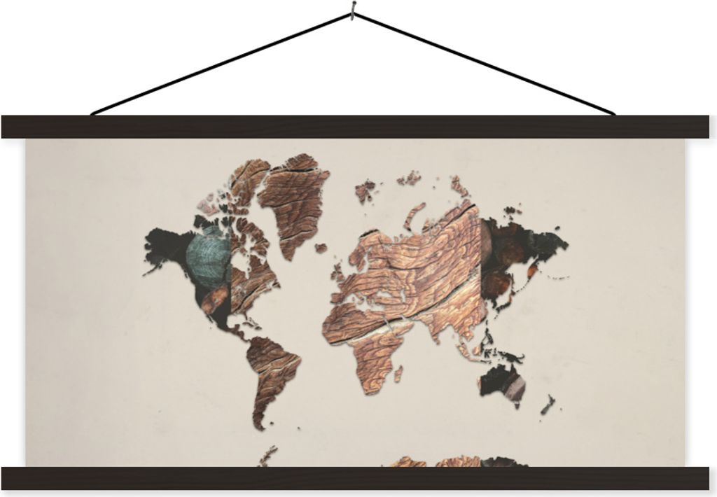 MuchoWow Textilposter Weltkarte - Baum - Holz 150x75 cm mit schwarzem Rahmen - Posterleiste