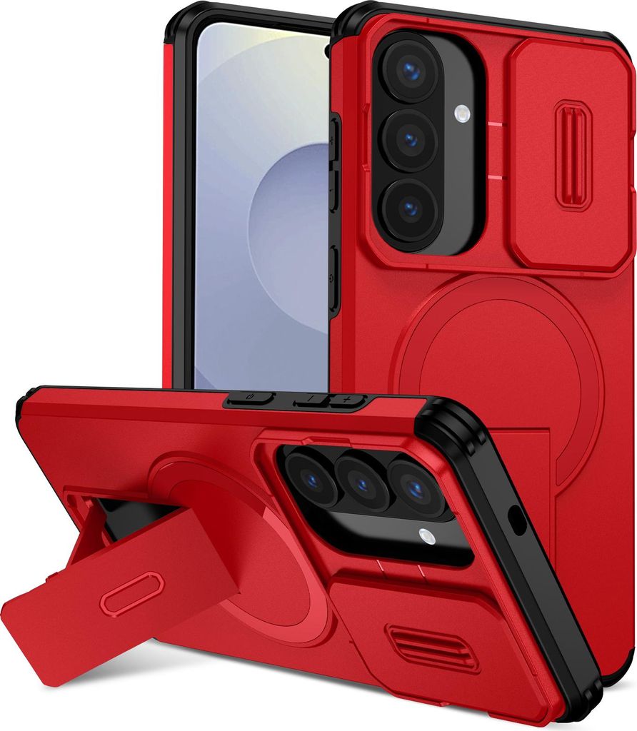 Magnetisch Hülle für Samsung Galaxy S26+, Dual Layer Stoßfest Handyhülle mit Dia Kameraschutz, Verstellbarem Ständer Rot