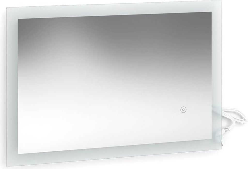 A rectangular mirror with a frosted glass border and a power cord is shown against a white background.